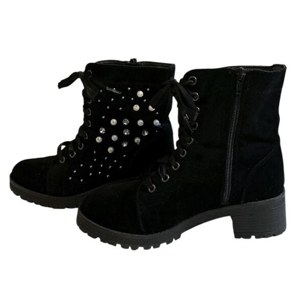 Madden Girl Boots Womens 7M Combat Black Rhinestone Studded Ankle Top Whimsigoth - Picture 10 of 12